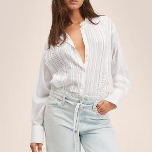 NWT Mango MNG Size 4 SML White Sheer Ruffle Puff Sleeve Button Lace Blouse NEW